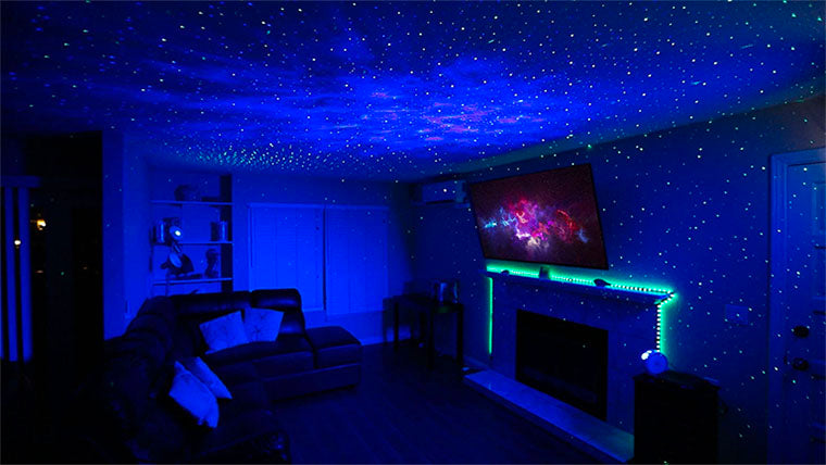 living room with galaxy lights on ceiling