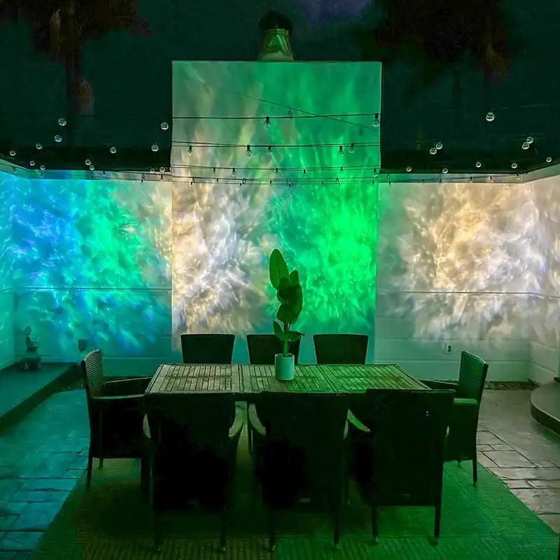 patio with oblivia lights in white and green