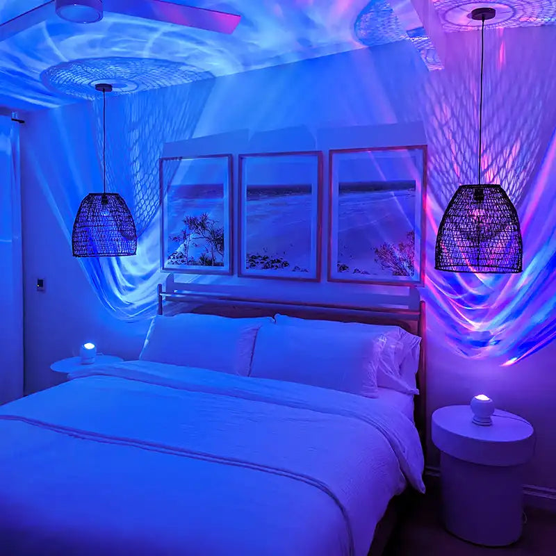 bedroom with purple and blue aurora borealis lights