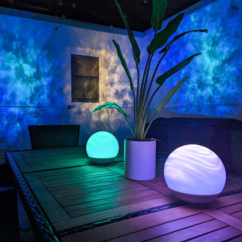 blue and white decorative garden lighting with oblivia and h2orb