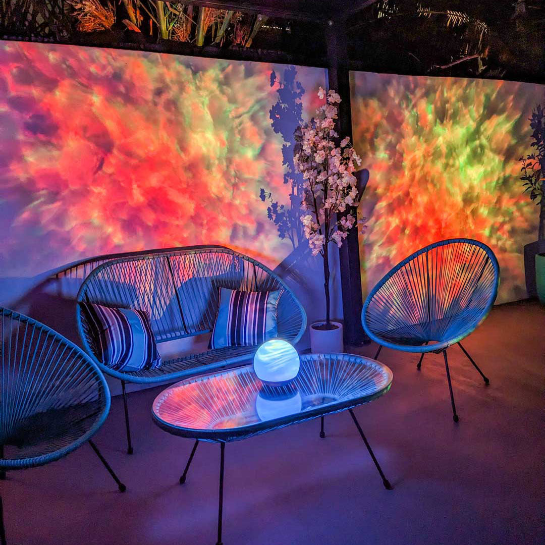patio with orange and green lighting