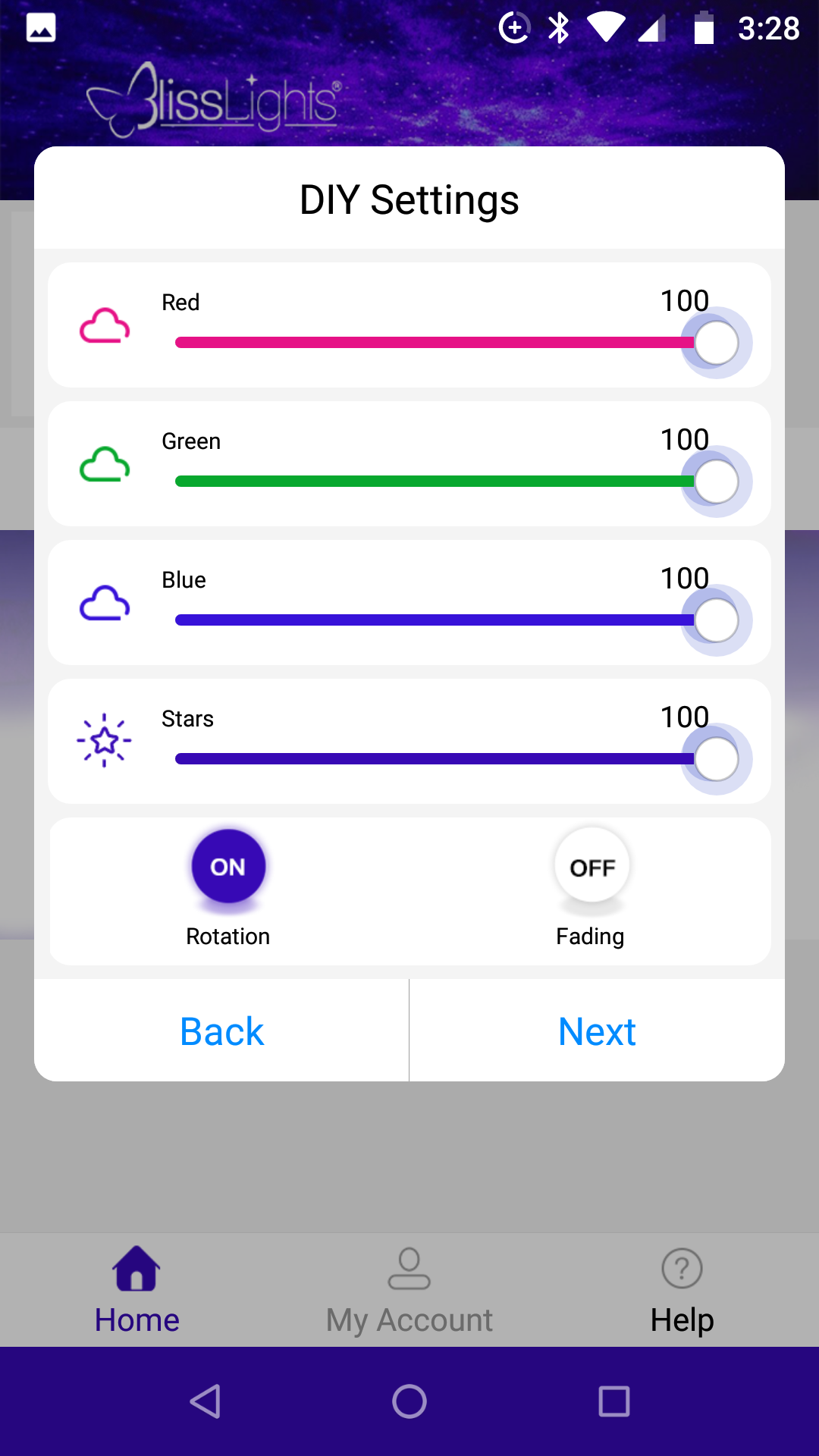 BlissLights app DIY settings page