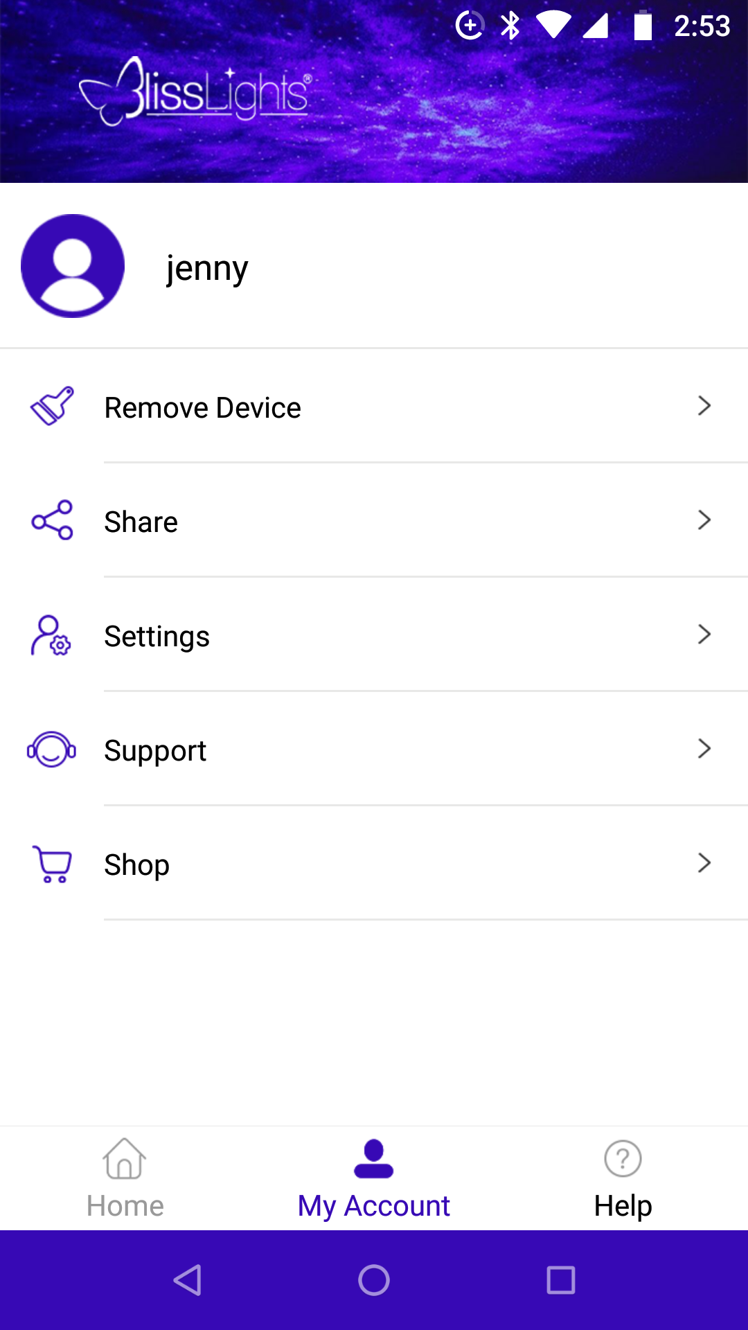BlissLights app account page