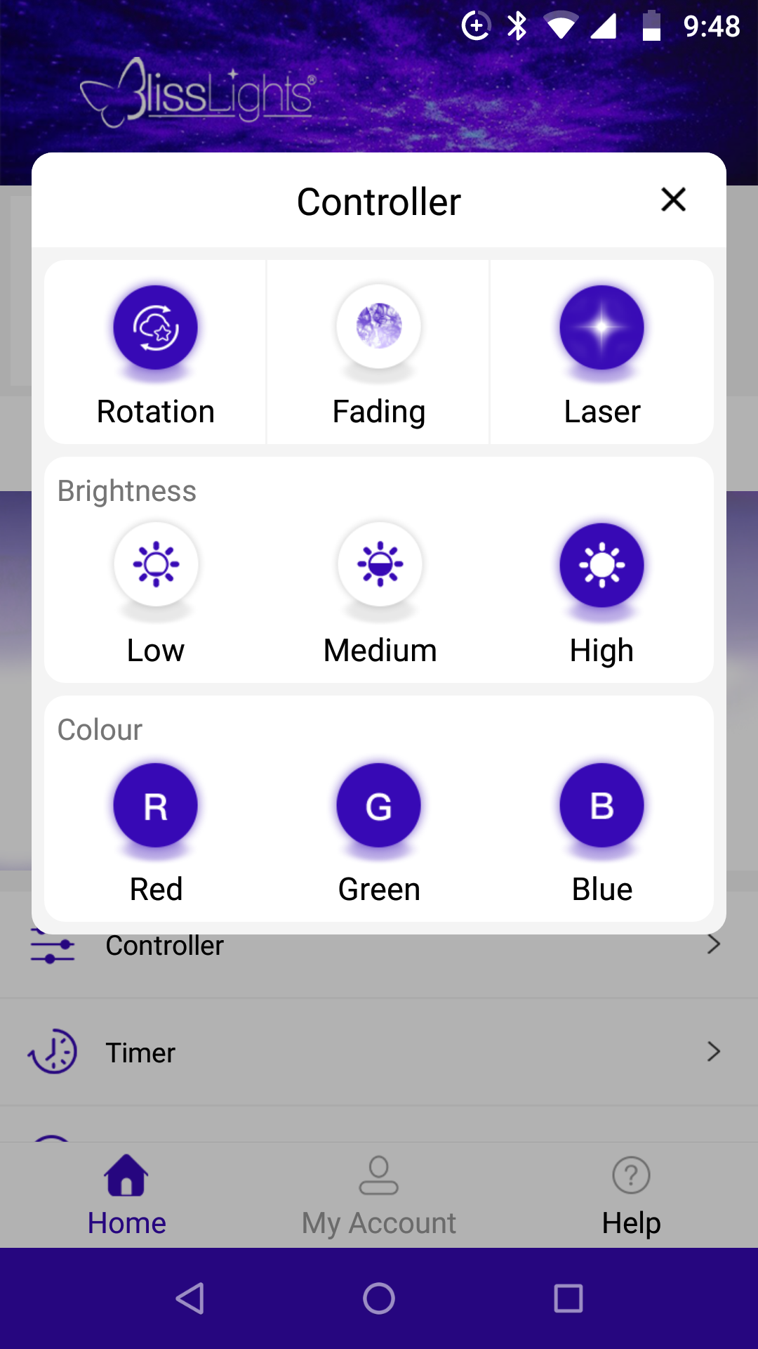 BlissLights app controller settings page