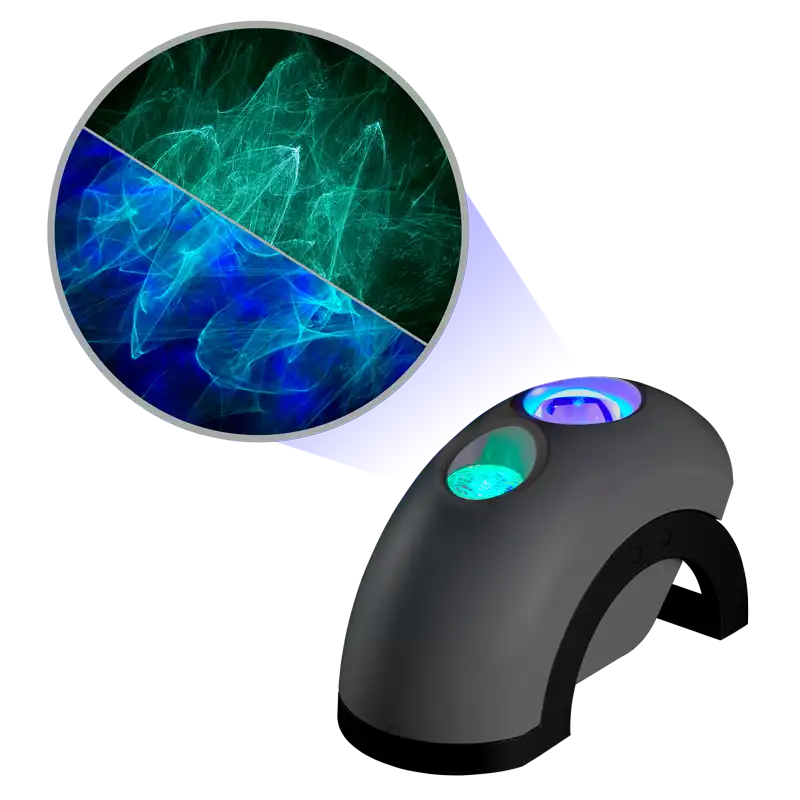 ark aurora light in green and blue, nebula cloud projector in gray housing, aurora projector