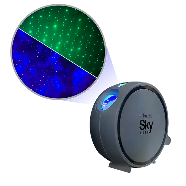 sky lite in blue and green in gray case, galaxy projector, star projector, night light