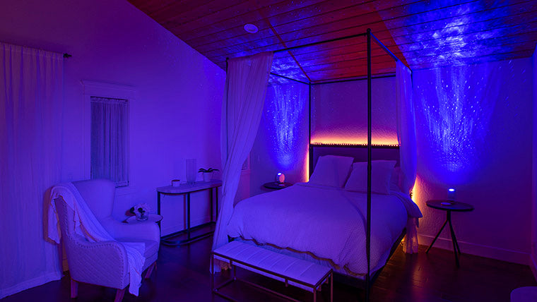 bedroom with galaxy lights and led strips