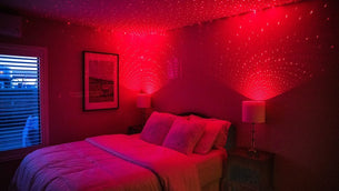 bedroom with two red blissbulbs