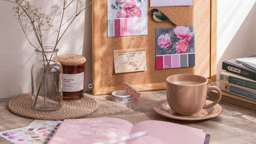 desk table with pink and brown decor