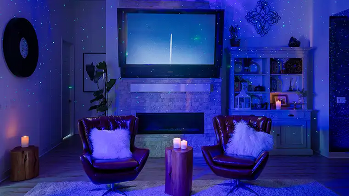 living room with galaxy mantel lighting