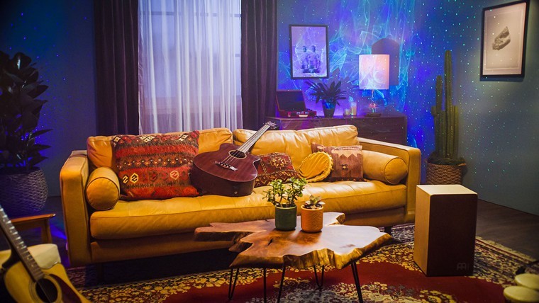 living room with decorative laser lighting