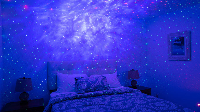 bed with blue galaxy lights