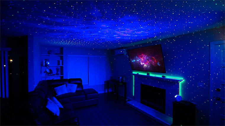 living room with galaxy lights on ceiling