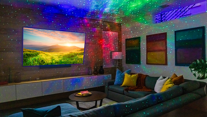living room with sky lite 2.0 galaxy projector