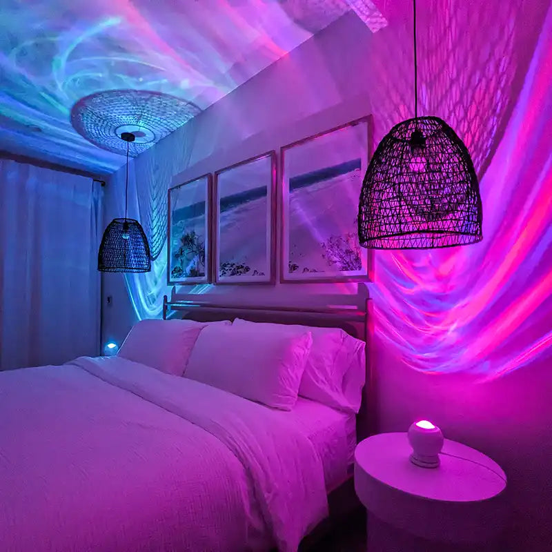 velarus aurora light in bedroom with blue and pink lighting