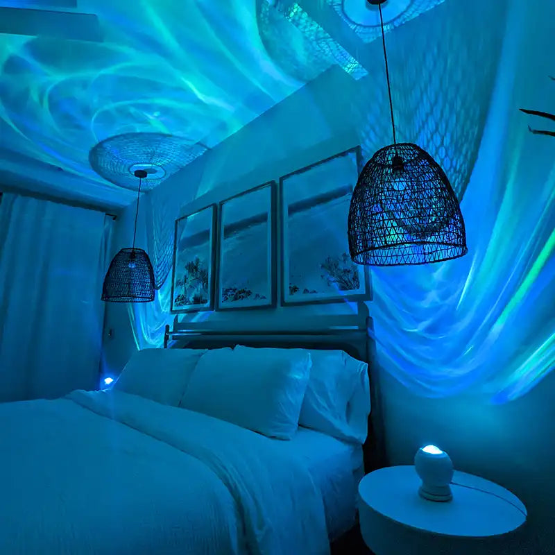 velarus aurora light in bedroom with blue and green lighting
