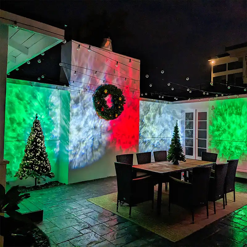 patio with red and green christmas lights