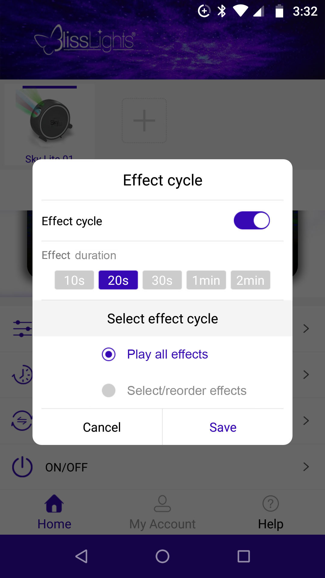BlissLights app effect cycle page