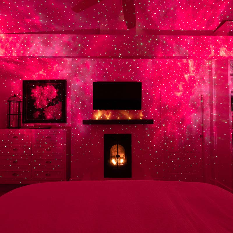 sky lite evolve in bedroom with red and white lighting
