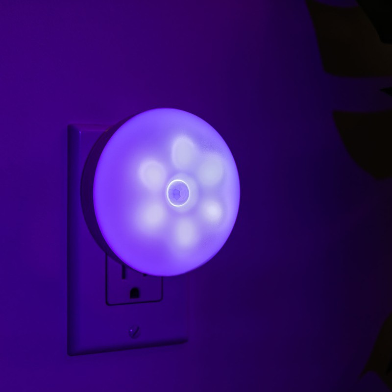 BlissEmber smart night light in purple next to potted plant