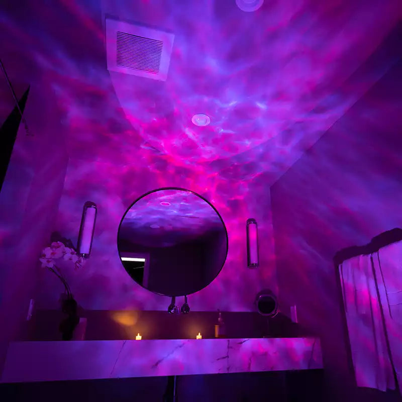 bathroom with pink and purple galaxy lights