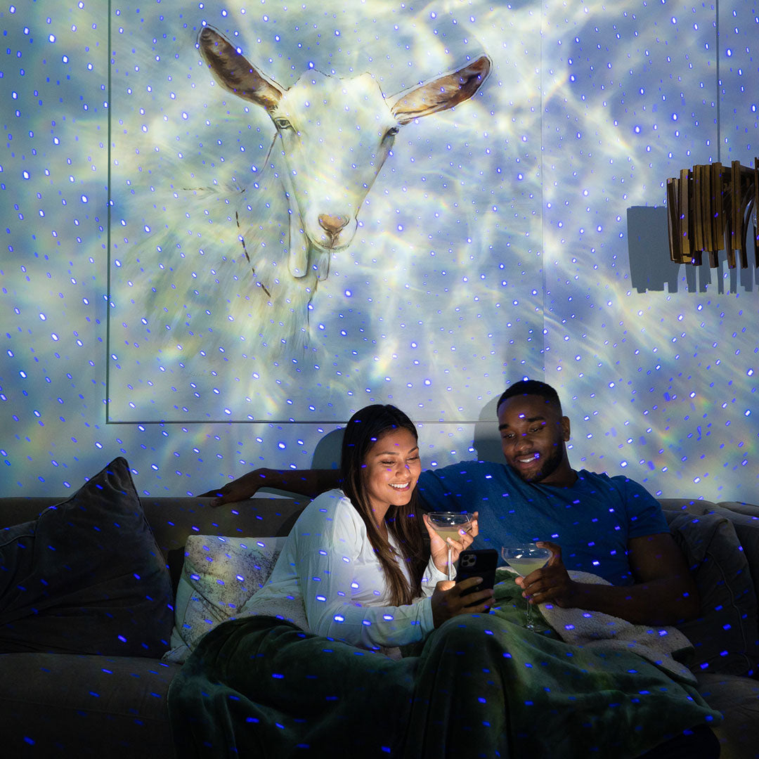couple under white and blue galaxy lights, blisslights evolve galaxy projector