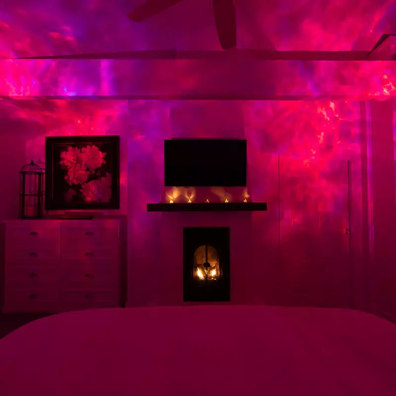 bedroom with red galaxy lights
