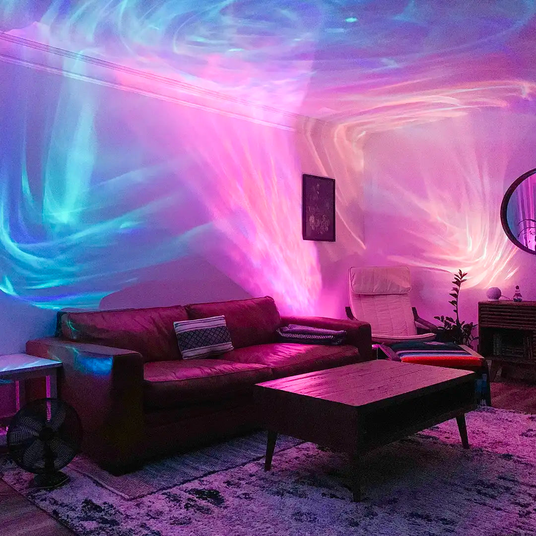 living room with velarus projectors and evolve projector in cyan and peach