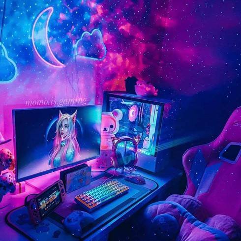 multicolor galaxy light gaming setup by momo.is.gaming