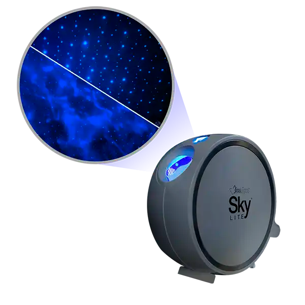 sky lite in blue and blue in gray case, galaxy projector, star projector, night light