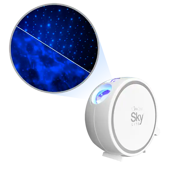 sky lite in blue and blue in white case, galaxy projector, star projector, night light