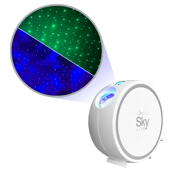 sky lite in blue and green in white case, galaxy projector, star projector, night light